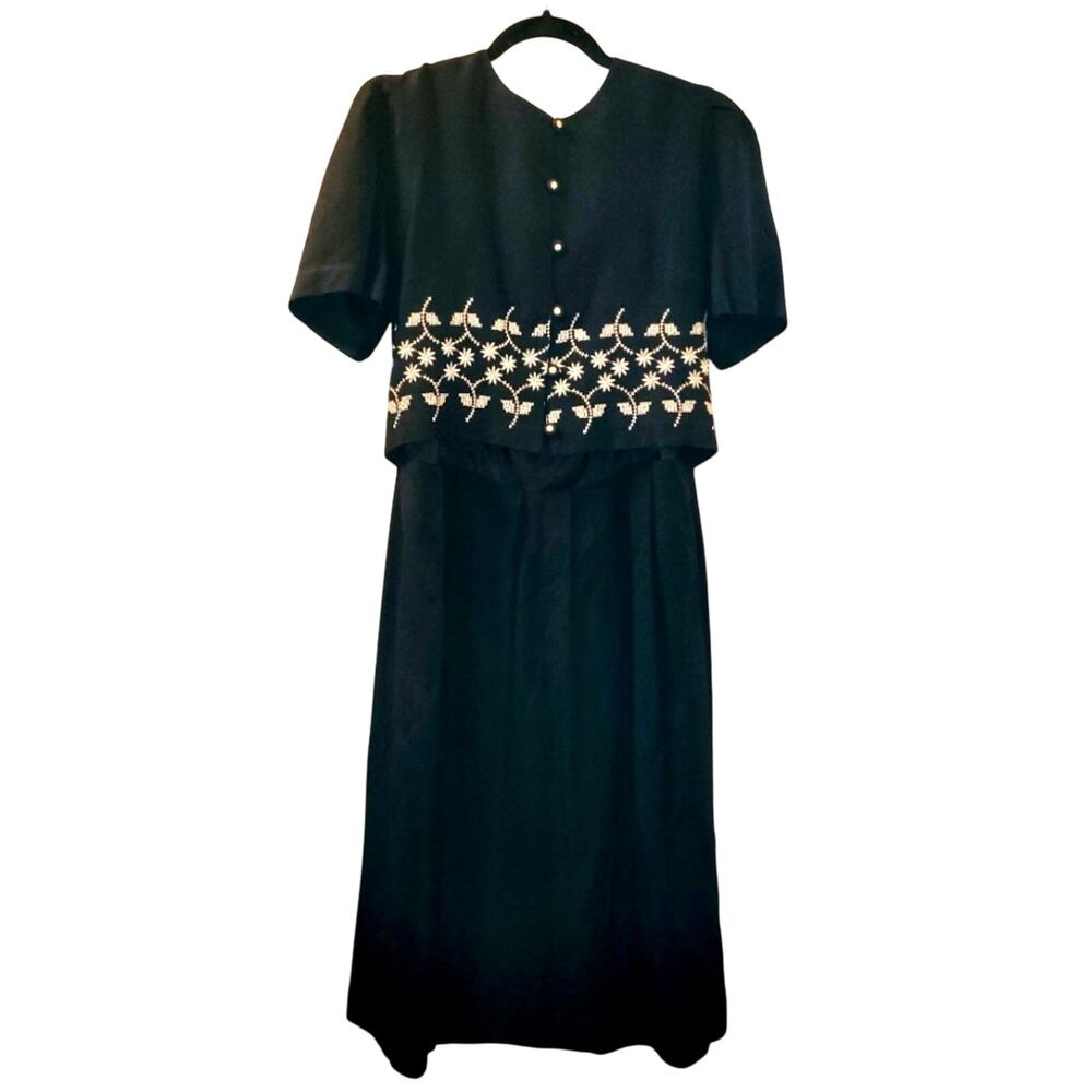 Vtg 90s Womens Black & White Embroidered Teachers Dress 14 Grandmacore Workwear
